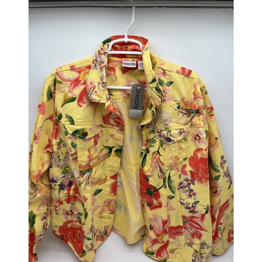Chico's Women's Button Front Jacket Yellow Floral Cotton Pockets  Size 3 (16)NWT